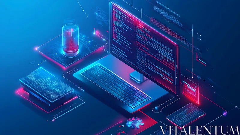 Futuristic coding workstation with neon holographic UI.