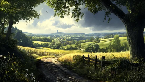 Sunlit rural path overlooking distant valley and tower.