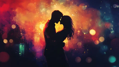 Two souls share a passionate kiss amid glowing city lights