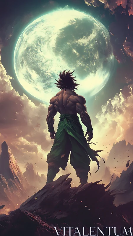 Muscular warrior stands before massive glowing planet