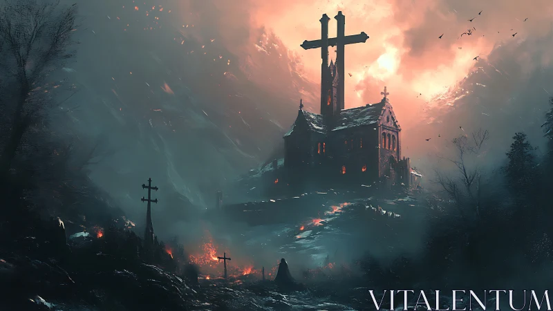 Gothic hilltop church under burning sky with towering crosses