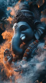Ganesh statue in smoke with warm orange temple light.