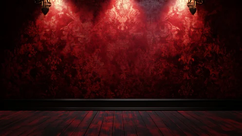 Dark red textured wall with wooden floor and warm lights.