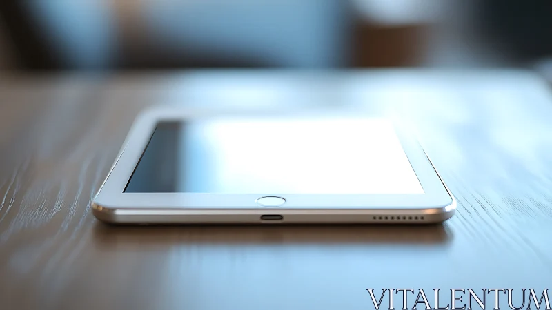Silver smartphone resting on wooden surface with blurred background.