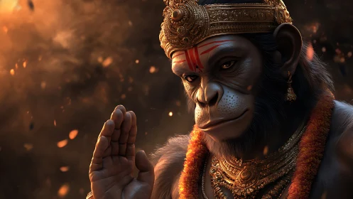 Monkey-headed deity rendered in ornate photoreal 3D scene