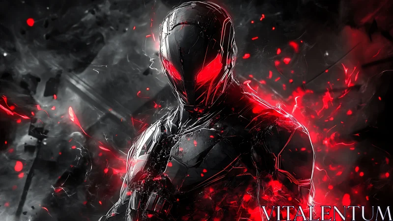 Armored humanoid figure with red energy in dark setting.