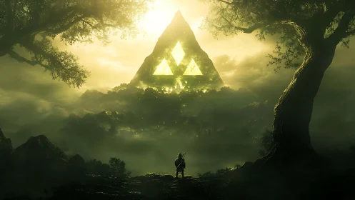 Lone hero confronts glowing sacred triangle in misty forest.