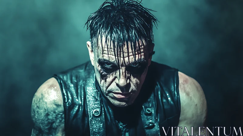 Intense gothic performer stares forward through stage haze.