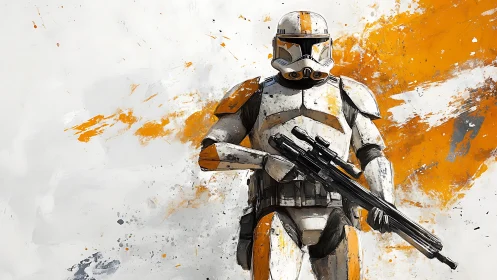 Digital painting of armored sci‑fi trooper with orange splashes.