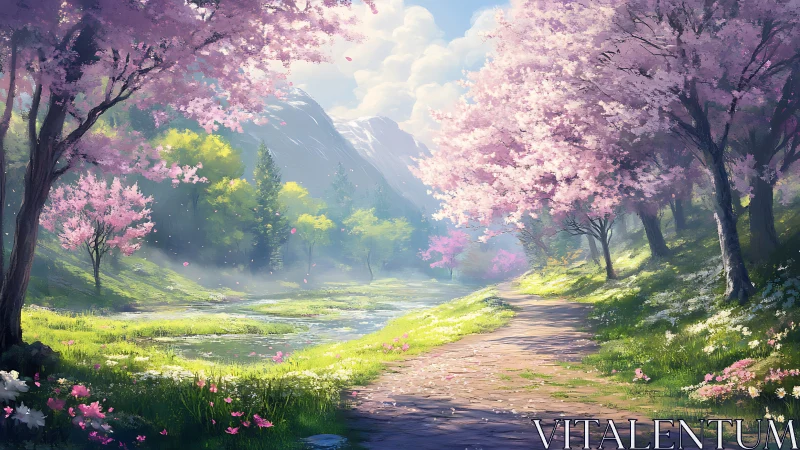 Sunlit cherry blossom path winds through a tranquil valley