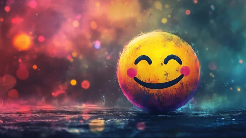 Smiling emoji sphere on wet reflective surface in neon bokeh field