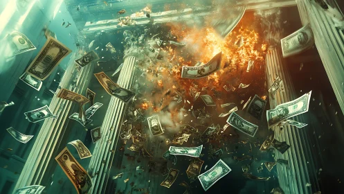 Bank explosion hurls dollar bills through shattered hall.