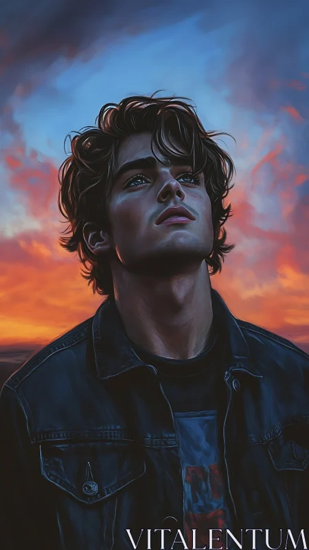 Sunset-lit youth gazing upward in moody portrait painting.