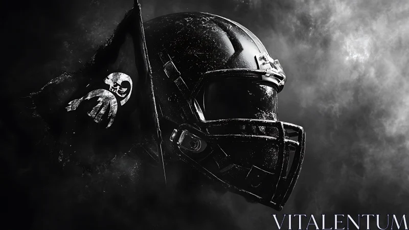 Stormlit black football helmet rides beside a ghostly banner.