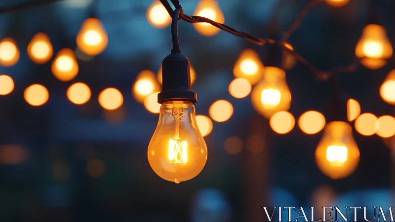 Hanging dusklight bulb glowing amid softly blurred bokeh chorus.
