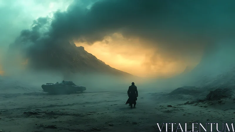 Lone wanderer crosses foggy wasteland toward burning horizon