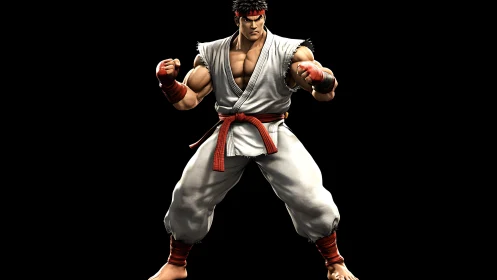 Martial artist coils power in crisp white gi and red focus