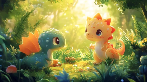 Cute baby dragon friends meet in a glowing forest clearing.