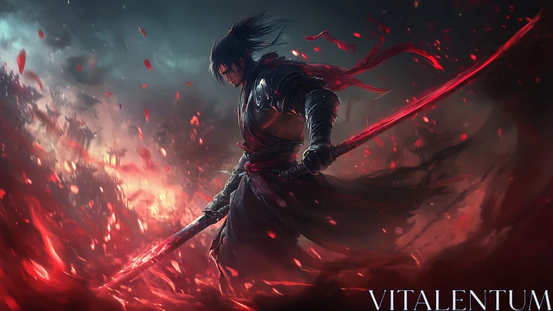 Armored swordsman with red energy blade in burning field.