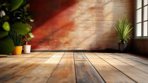 Sunlit loft corner with rustic floor and indoor greenery.