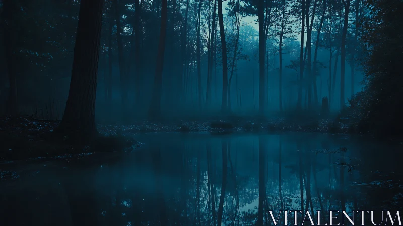 Moody blue forest pond with dark trees at dusk.