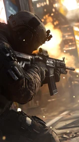 Tactical soldier aims rifle in burning urban combat zone.