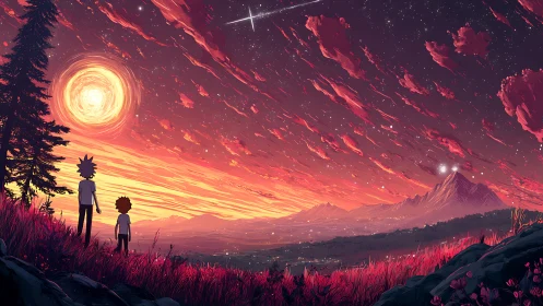 Crimson skyward odyssey with lone figures under alien dusk.