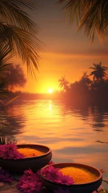 Tropical river sunset with palm silhouettes and floral bowls