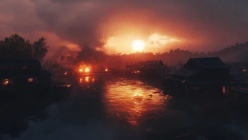 Sunset fire engulfs riverside village under stormy rain