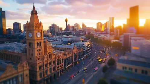 Clock tower and urban tram corridor extend through city center