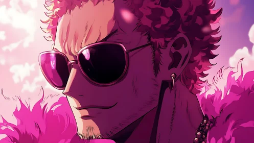 Pink-lit anime antihero wears mirrored shades, smirks.