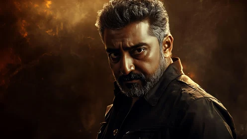 Storm-lit stare of a rugged man in smoldering amber haze.