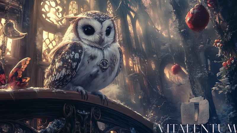 Mystical owl with pendant in glowing winter forest hall