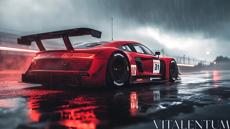 Red Audi GT race car on wet track under heavy rain