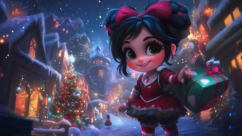 Cheerful girl carries gift through glowing snowy village streets.