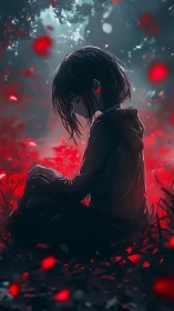 Backlit anime silhouette of seated girl amid red bokeh field