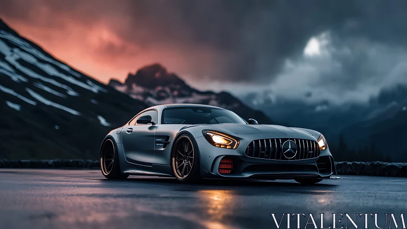 Silver sports car cuts through stormy mountain dusk in style