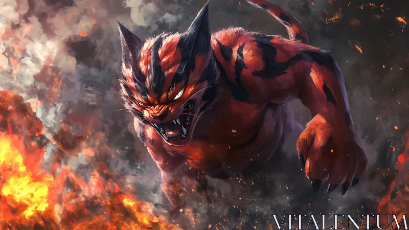 Molten-fur infernal feline lunging through eruptive firestorm