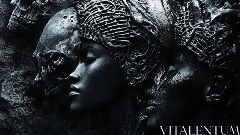 Textured monochrome biomechanical female masks with skull forms