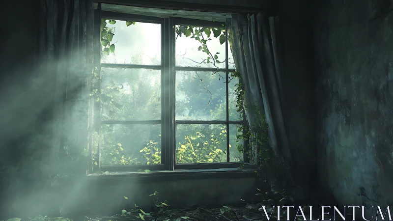 Overgrown window admits soft morning light into decayed room