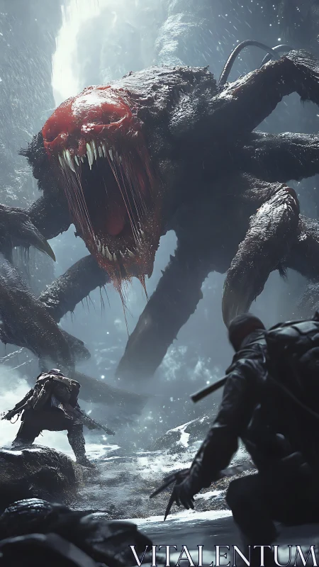 Brave explorers confront a colossal ice-cavern monster.