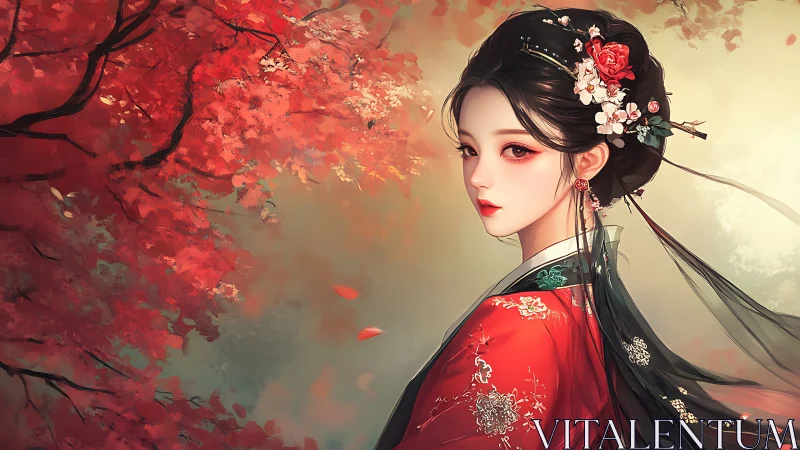 Crimson blossoms and serene gaze in an autumn dreamscape.