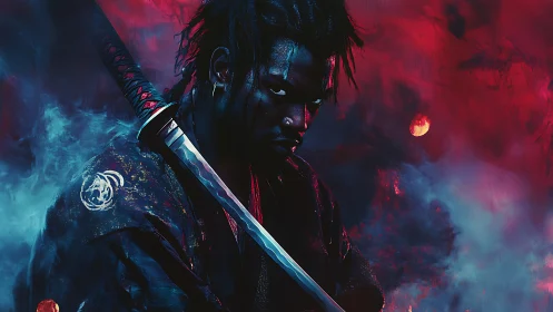 Lone warrior stands in neon mist, guarding a hidden twilight path.