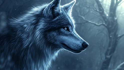 Luminous silver wolf profile in rain-soaked moonlit forest.