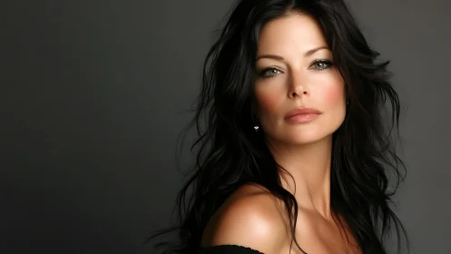 Studio portrait of woman with dark wavy hair, neutral pose.