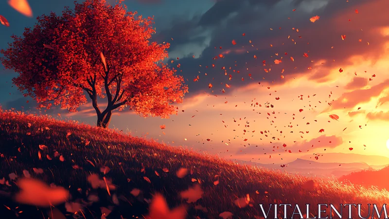 Autumn hillside tree in wind-driven leaf dispersion at sunset.