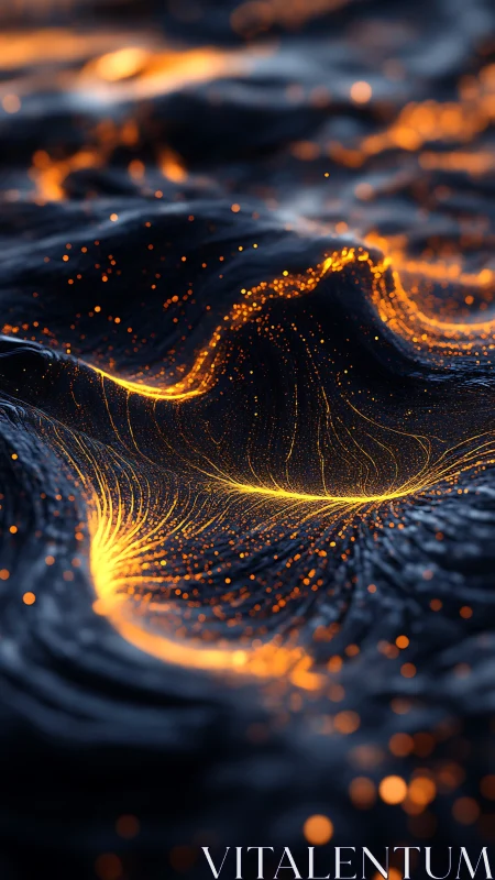 Glowing orange particle currents flow across dark fluid waves