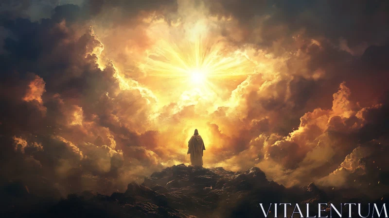 Figure on rocky ridge under radiant cloud opening and light.