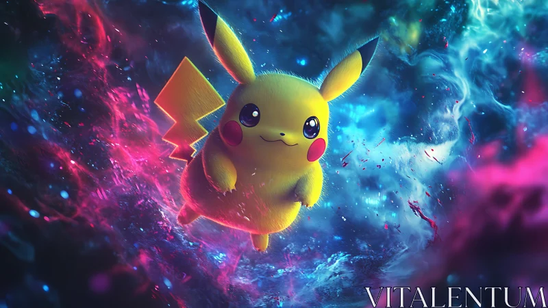 Pikachu rendered in luminous nebula-like digital space.