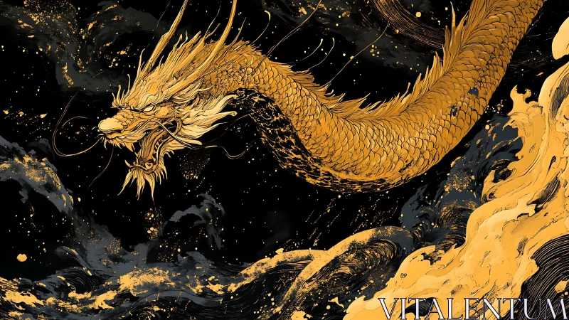 Golden celestial dragon surges through abstract cosmic waves.